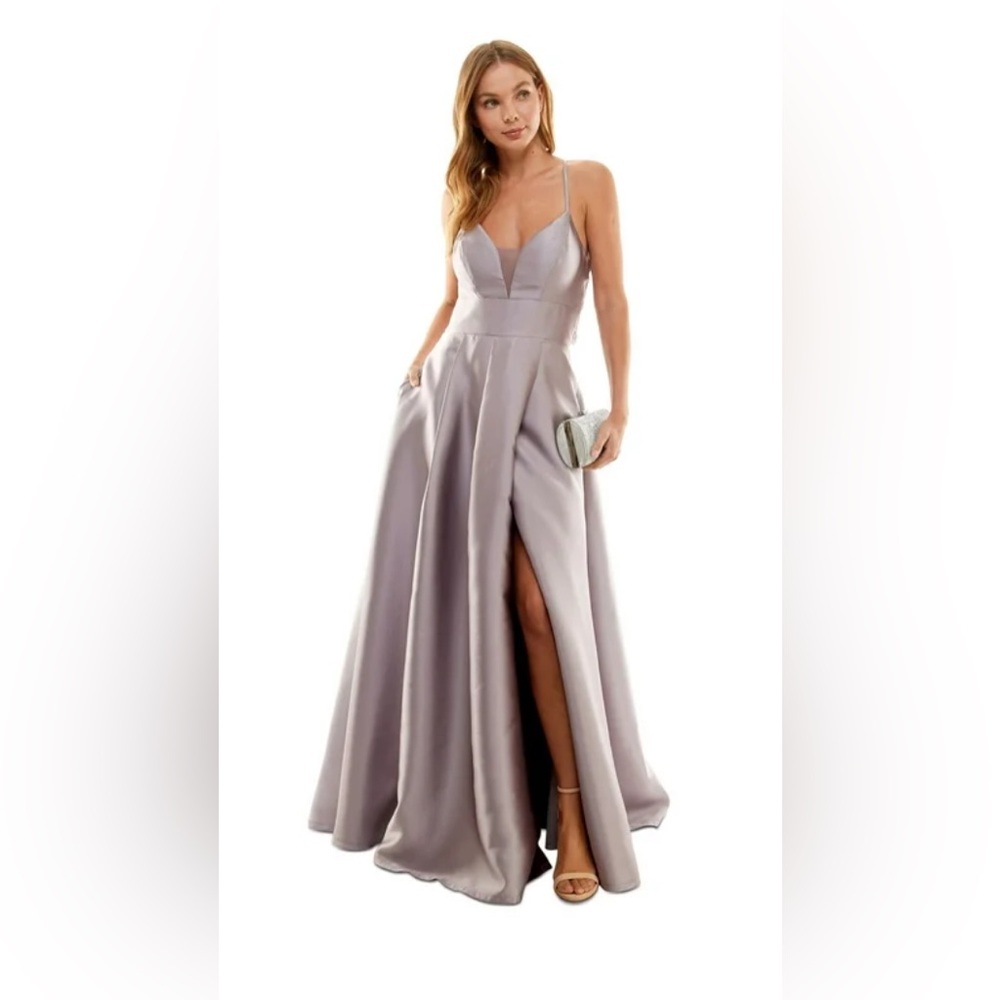 Speechless Juniors Mauve Lavender Silver Crochet Lace Back Satin Gown Dress 11 - Picture 1 of 9